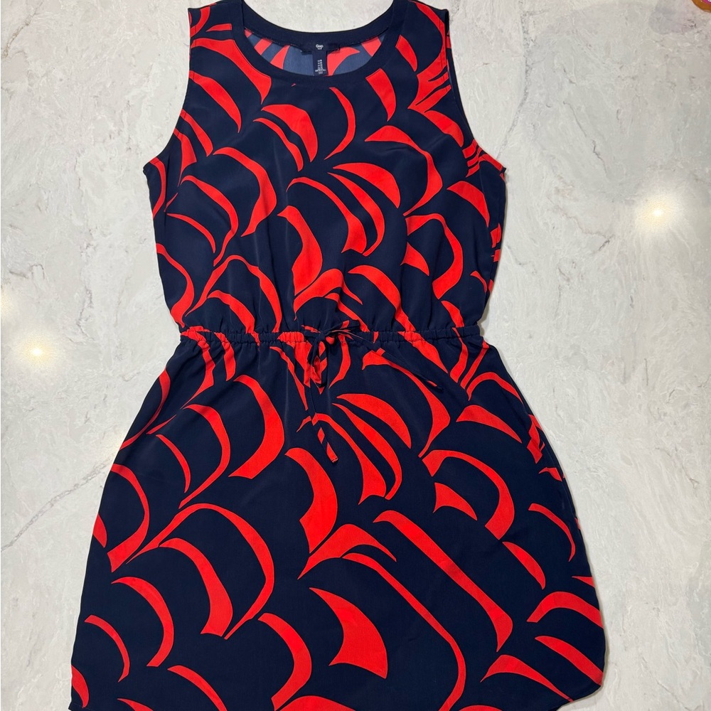 Gap Sleeveless Navy and Red Printed Drawstring Waist Dress